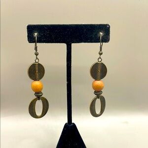 Vintage Gold Tone Wooden Beaded Dangle Drop Statement Earrings